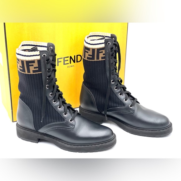 Fendi Rockoko Leather & Knit Combat Boots - Picture 2 of 8